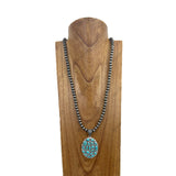 NKY250330-13         34 inches 8 mm Silver roundel Navajo pearl beads with blue Turquoise stone oval pendent Necklace