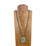 NKY250330-13         34 inches 8 mm Silver roundel Navajo pearl beads with blue Turquoise stone oval pendent Necklace