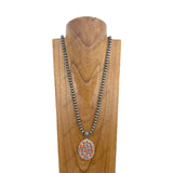 NKY250330-13         34 inches 8 mm Silver roundel Navajo pearl beads with blue Turquoise stone oval pendent Necklace