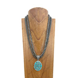 NKY250330-17       24 inches Double Silver Navajo pearl beads strings with blue Turquoise stone oval pendent Necklace