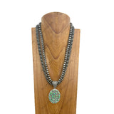 NKY250330-17       24 inches Double Silver Navajo pearl beads strings with blue Turquoise stone oval pendent Necklace