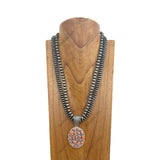 NKY250330-17       24 inches Double Silver Navajo pearl beads strings with blue Turquoise stone oval pendent Necklace