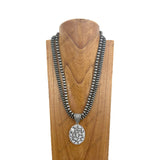 NKY250330-17       24 inches Double Silver Navajo pearl beads strings with blue Turquoise stone oval pendent Necklace