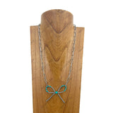 NKY250330-22          24 inches silver metal chain with green turquoise stone and Navajo pearl beads Bow Tie Necklace