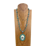 NKY250330-24          24 inches silver Navajo pearl and blue turquoise stone beads with oval western pendent Necklace