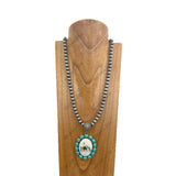 NKY250330-25          32 inches silver Navajo pearl beads with oval western pendent Necklace