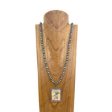 NKY250330-27         32 inches 8mm silver Navajo pearl beads with rectangle western pendent Necklace