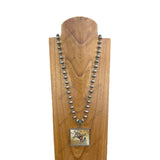 NKY250330-29         32 inches 8mm silver Navajo pearl beads chain with rectangle western pendent Necklace