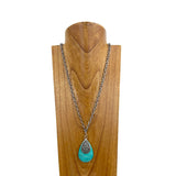 NKY250412-06          30 inches silver metal chain with green turquoise teardrop pendent Necklace