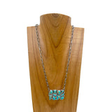 NKY250430-01-BLUE                Silver metal chain with rectangle blue turquoise stone pendant Necklace