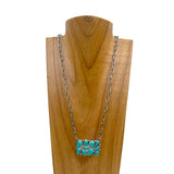 NKY250430-01-BLUE                Silver metal chain with rectangle blue turquoise stone pendant Necklace