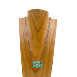 NKY250430-01-GREEN             Silver metal chain with rectangle green turquoise stone pendant Necklace