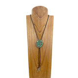 NKY250525-03            Brown leather with green turquoise stone oval pendant Necklace