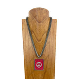 NKY250525-21              22'' Silver flat roundel Navajo pearl beads with peace sign pendant Necklace