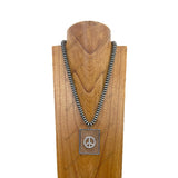 NKY250525-22             22'' Silver flat roundel Navajo pearl beads with peace sign pendant Necklace
