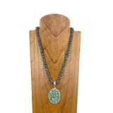 NKY250525-23               24'' Silver flat roundel Navajo pearl beads with oval green stone pendant Necklace