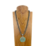 NKY250525-24                24'' Silver flat roundel Navajo pearl beads with circle green stone pendant Necklace