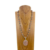 NKY250525-26           24'' Silver Navajo pearl and orange stone beads with oval orange stone pendant Necklace