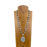 NKY250525-27                 24'' Silver Navajo pearl and white stone beads with oval white stone pendant Necklace
