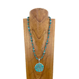 NKY250525-28      24'' Silver Navajo pearl and blue turquoise stone beads with circle blue turquoise stone pendant Necklace