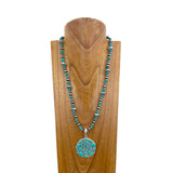 NKY250525-28      24'' Silver Navajo pearl and blue turquoise stone beads with circle blue turquoise stone pendant Necklace