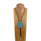 NKY250608-01                Adjustable Dark brown leather with oval blue turquoise stone pendant Necklace
