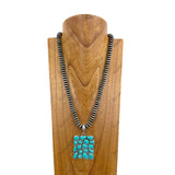 NKY250608-18            24'' Silver Navajo pearl flat roundels beads with rectangle blue turquoise stone pendant Necklace