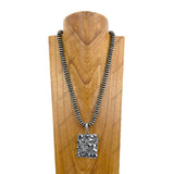 NKY250608-18            24'' Silver Navajo pearl flat roundels beads with rectangle blue turquoise stone pendant Necklace