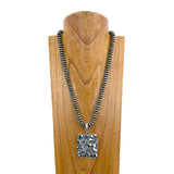 NKY250608-18            24'' Silver Navajo pearl flat roundels beads with rectangle blue turquoise stone pendant Necklace