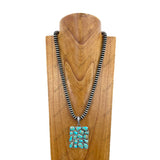 NKY250608-18            24'' Silver Navajo pearl flat roundels beads with rectangle blue turquoise stone pendant Necklace