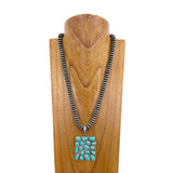 NKY250608-18            24'' Silver Navajo pearl flat roundels beads with rectangle blue turquoise stone pendant Necklace