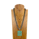 NKY250608-21            Silver Navajo pearl flat roundel beads with rectangle green turquoise stone pendant Necklace