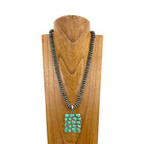 NKY250608-21            Silver Navajo pearl flat roundel beads with rectangle green turquoise stone pendant Necklace