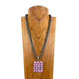 NKY250608-21            Silver Navajo pearl flat roundel beads with rectangle green turquoise stone pendant Necklace