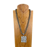 NKY250608-21            Silver Navajo pearl flat roundel beads with rectangle green turquoise stone pendant Necklace