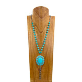 NKY250608-26           36'' silver metal chain and blue turquoise stone beads with oval turquoise stone pendant Necklace