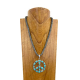 NKY250608-27            20'' Silver Navajo pearl flat roundel beads with blue turquoise stone peace sign pendant Necklace