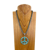NKY250608-27            20'' Silver Navajo pearl flat roundel beads with blue turquoise stone peace sign pendant Necklace