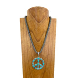NKY250608-27            20'' Silver Navajo pearl flat roundel beads with blue turquoise stone peace sign pendant Necklace