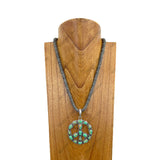 NKY250608-30          Silver Navajo pearl flat roundel beads with green turquoise stone peace sign pendant Necklace