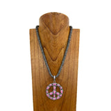NKY250608-30          Silver Navajo pearl flat roundel beads with green turquoise stone peace sign pendant Necklace