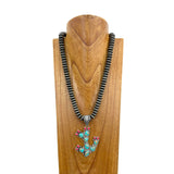 NKY250608-33             24'' silver navajo pearl beads with blue turquoise stone cactus pendant Necklace