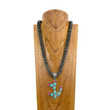 NKY250608-33             24'' silver navajo pearl beads with blue turquoise stone cactus pendant Necklace