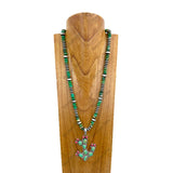 NKY250608-34           28'' silver navajo pearl and green turquoise stone beads with green turquoise stone cactus pendant Necklace