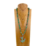 NKY250608-34           28'' silver navajo pearl and green turquoise stone beads with green turquoise stone cactus pendant Necklace