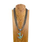 NKY250608-35          24'' Double silver navajo pearl beads strings with green turquoise stone cactus pendant Necklace