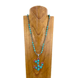 NKY250608-36           32'' silver navajo pearl and blue turquoise stone beads with &nbsp;blue turquoise stone cactus pendant&nbsp;Necklace