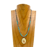 NKY250608-38           18'' silver metal chain with blue turquoise stone and navajo pearl beads with western pendant Necklace
