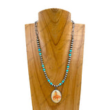 NKY250608-39         18'' silver metal chain with blue turquoise stone and navajo pearl beads with western pendant Necklace