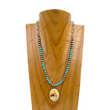 NKY250608-40         18'' silver metal chain with blue turquoise stone and navajo pearl beads with western pendant Necklace